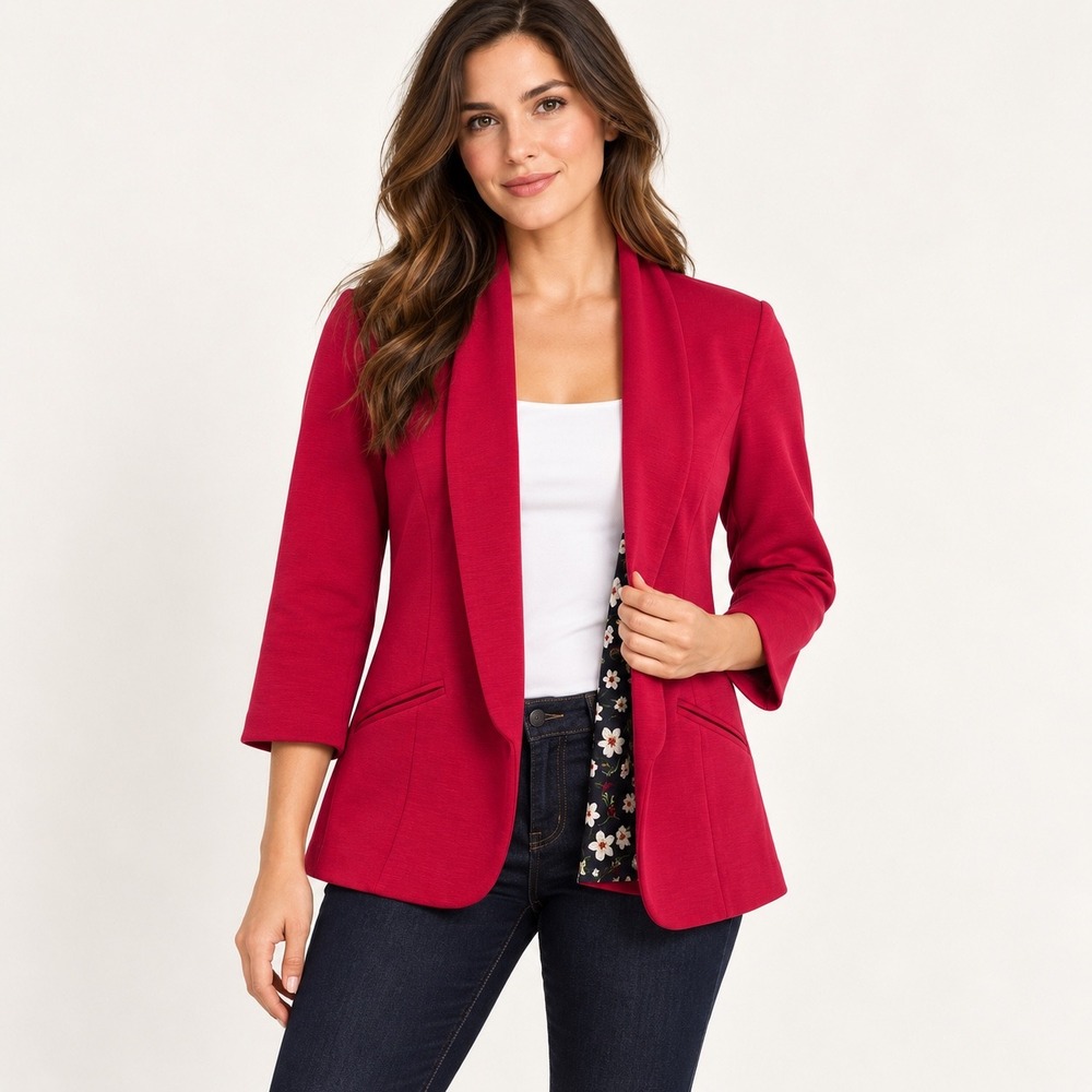 Skies are Blue Hannah Modal Scuba Blazer Red Floral Lined Shawl Collar Small NEW